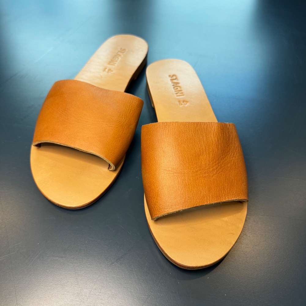 St. Agni Women 10.5 EU 41 Tan Leather Slide Sandals Flat Minimalist Handcrafted - Picture 10 of 10
